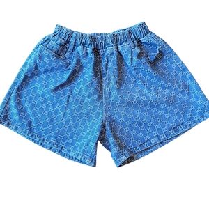 All Over Designer Style Monogram Print Elastic Waist Blue Denim Shorts